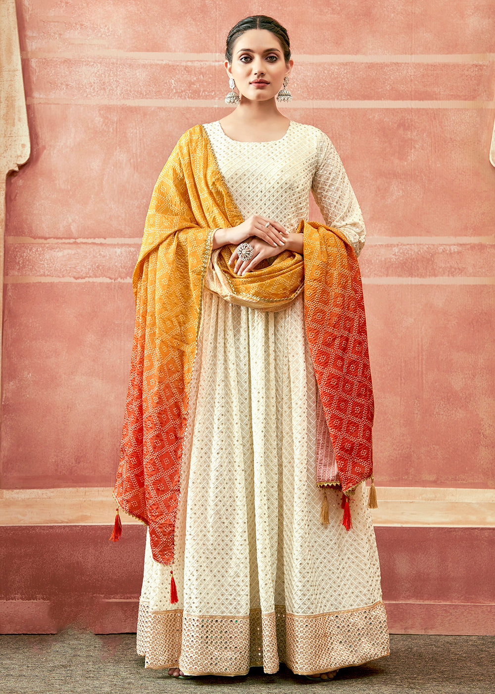 Buy Now Daisy White Traditional Anarkali with Orange Ombre Bandhni Dupatta Online in USA, UK, Australia, New Zealand, Canada & Worldwide at Empress Clothing. 