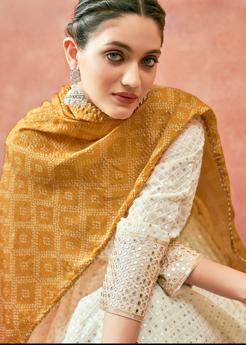 white dress with orange dupatta Off-White Silk Dress with Orange Bandhej Dupatta