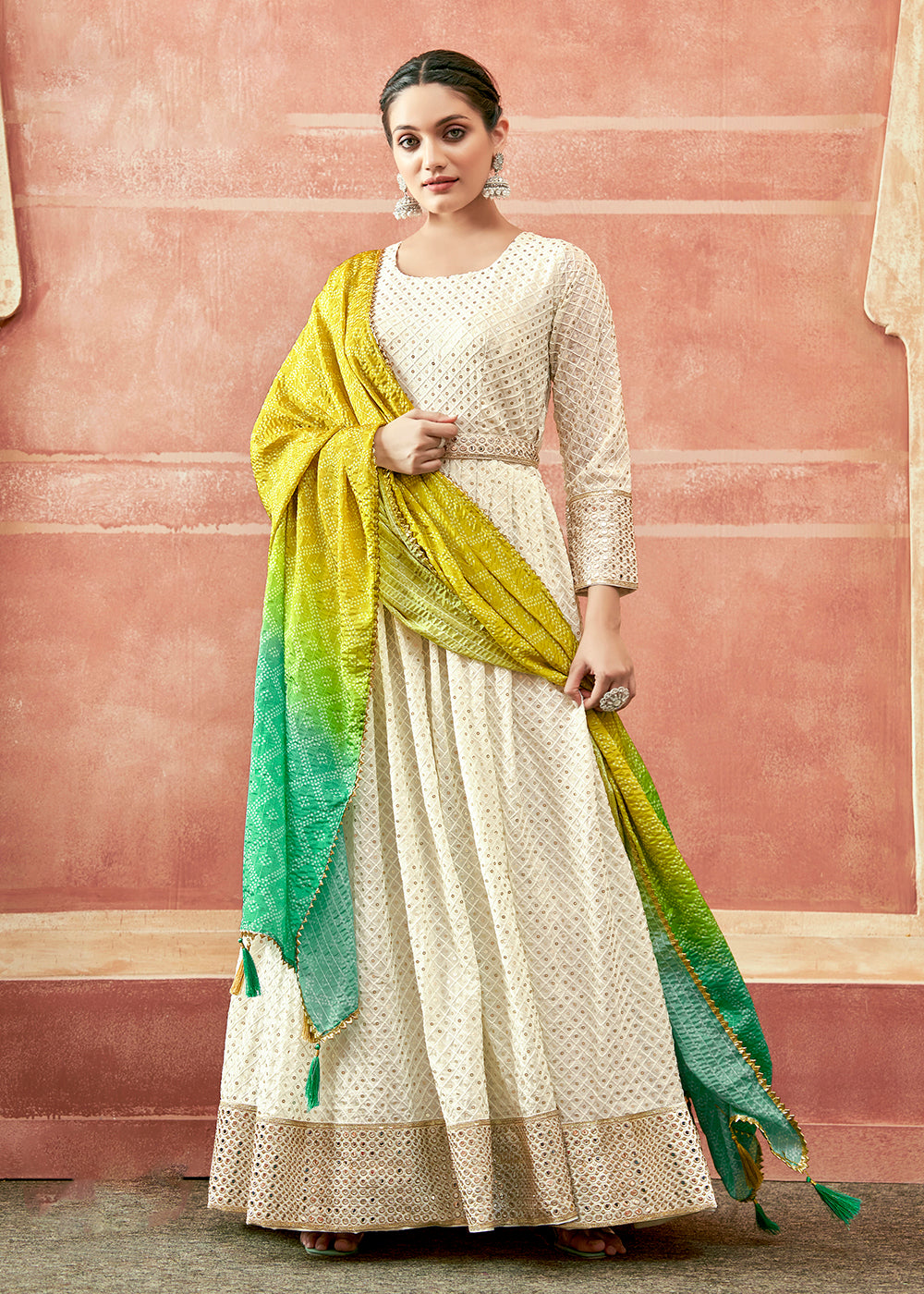 Buy Now Daisy White Traditional Anarkali with Yellow Ombre Bandhni Dupatta Online in USA, UK, Australia, New Zealand, Canada & Worldwide at Empress Clothing.