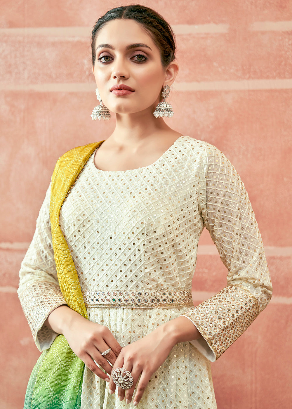Buy Now Daisy White Traditional Anarkali with Yellow Ombre Bandhni Dupatta Online in USA, UK, Australia, New Zealand, Canada & Worldwide at Empress Clothing.