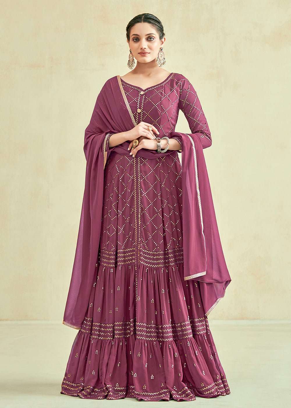 Buy Now Mauve Real Georgette with Sequins Wedding Festive Gown Online in USA, UK, Australia, Canada & Worldwide at Empress Clothing.