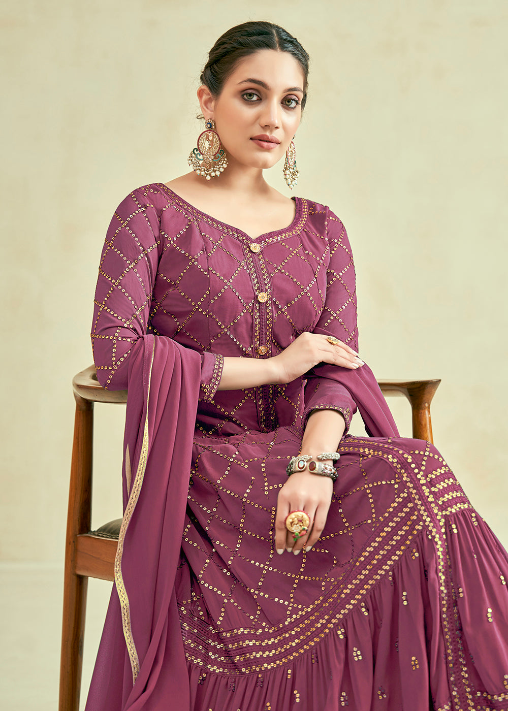 Buy Now Mauve Real Georgette with Sequins Wedding Festive Gown Online in USA, UK, Australia, Canada & Worldwide at Empress Clothing.