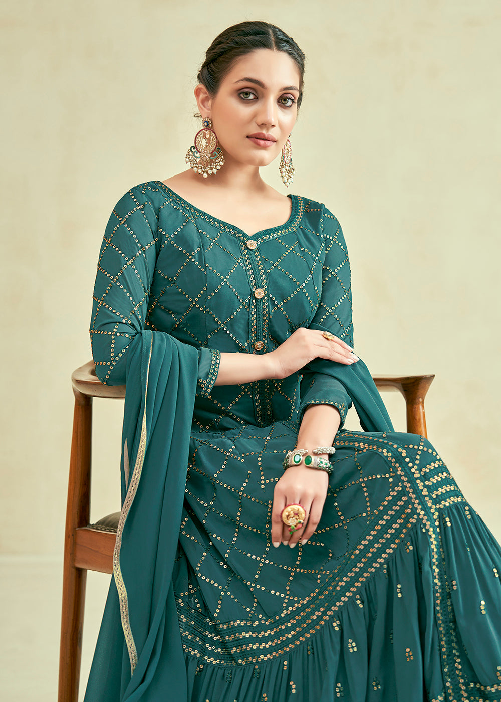 Buy Now Green Real Georgette with Sequins Wedding Festive Gown Online in USA, UK, Australia, Canada & Worldwide at Empress Clothing. 