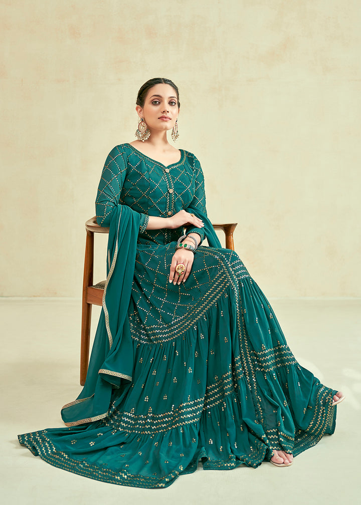 Buy Now Green Real Georgette with Sequins Wedding Festive Gown Online in USA, UK, Australia, Canada & Worldwide at Empress Clothing. 