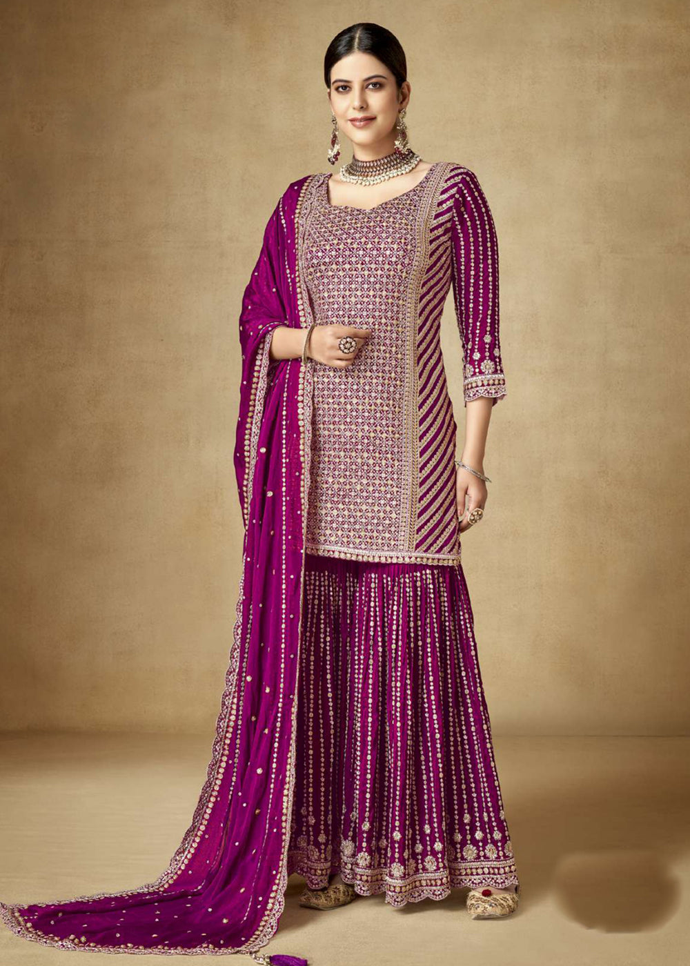 Shop Now Alluring Magenta Purple Zari & Sequins Embroidered Gharara Suit Online at Empress Clothing in USA, UK, Canada, Italy & Worldwide.