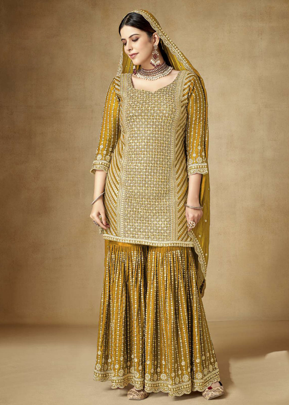 Shop Now Alluring Yellow Zari & Sequins Embroidered Gharara Suit Online at Empress Clothing in USA, UK, Canada, Italy & Worldwide. 