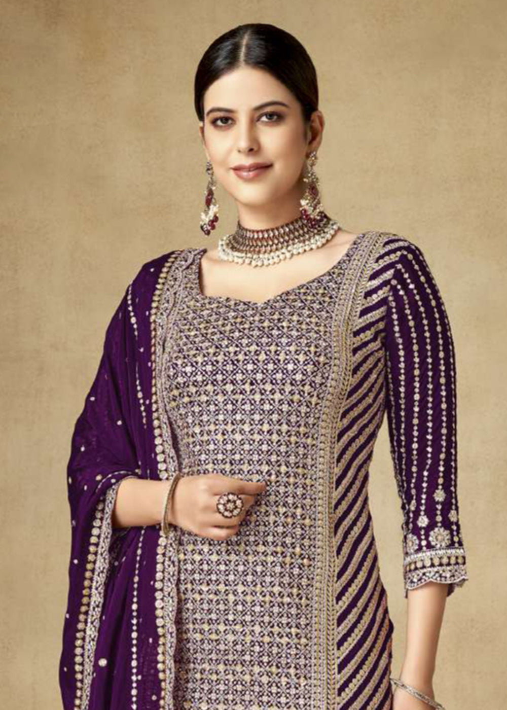 Shop Now Alluring Purple Zari & Sequins Embroidered Gharara Suit Online at Empress Clothing in USA, UK, Canada, Italy & Worldwide.
