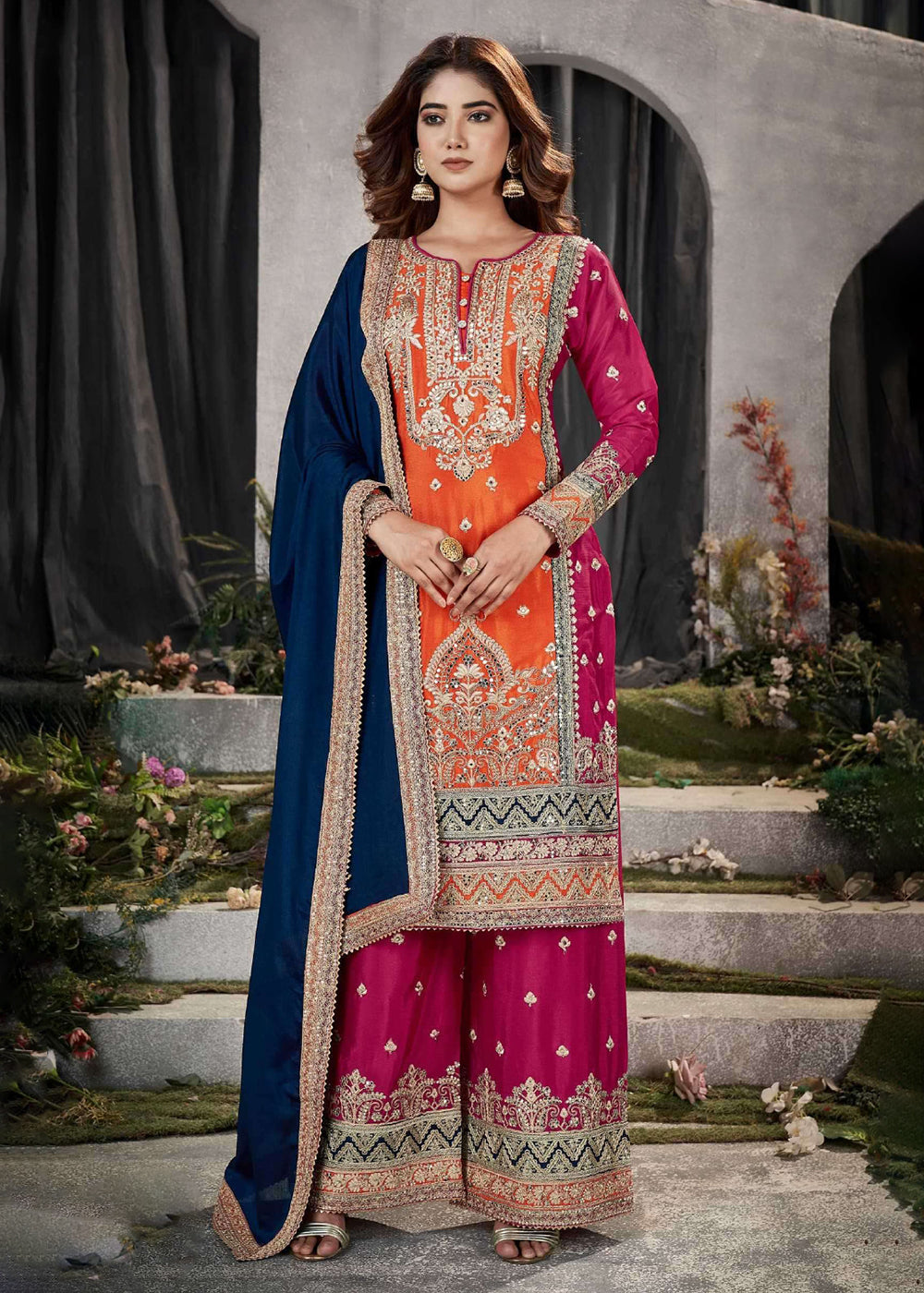 Buy Now Orange Multicolor Mirror Embroidered Punjabi Style Palazzo Suit Online in USA, UK, Canada, Germany, Australia & Worldwide at Empress Clothing.