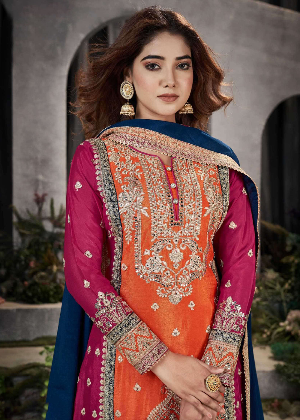 Buy Now Orange Multicolor Mirror Embroidered Punjabi Style Palazzo Suit Online in USA, UK, Canada, Germany, Australia & Worldwide at Empress Clothing.