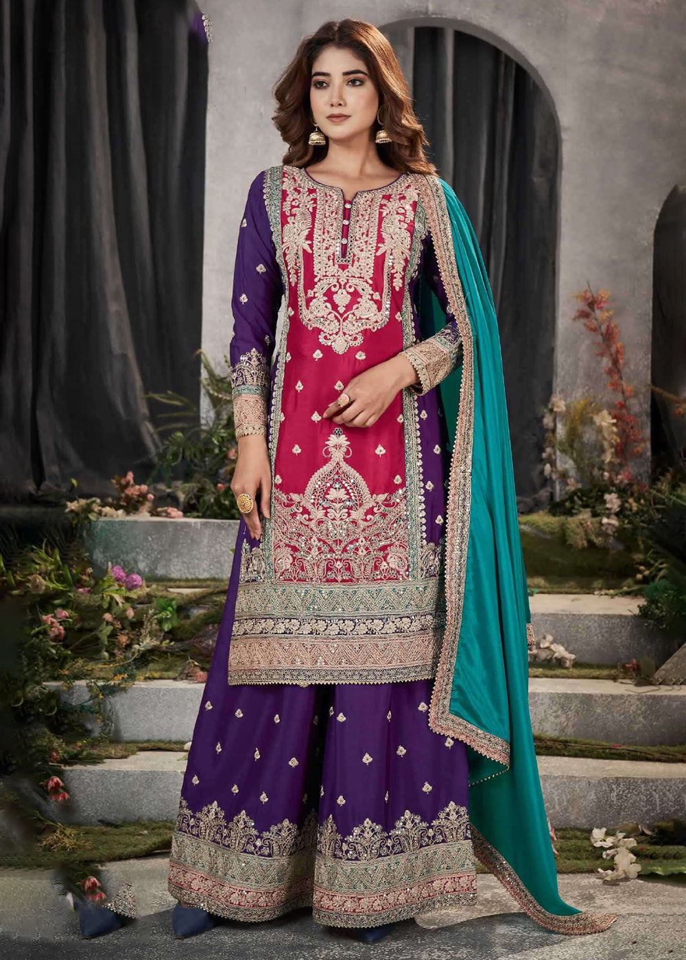 Buy Now Pink Multicolor Mirror Embroidered Punjabi Style Palazzo Suit Online in USA, UK, Canada, Germany, Australia & Worldwide at Empress Clothing. 