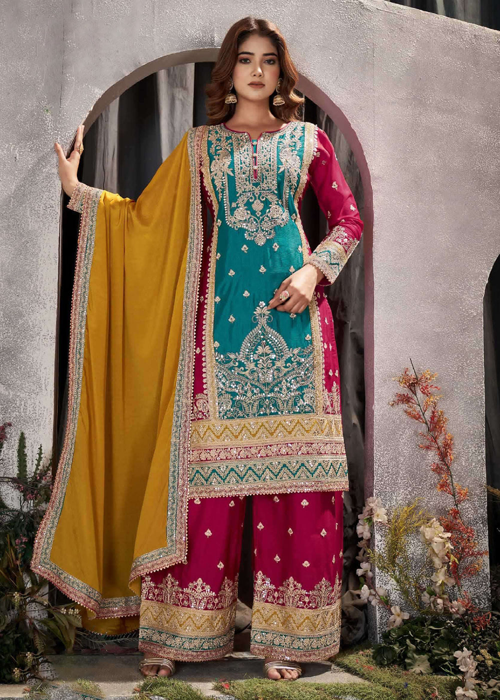 Buy Now Teal Multicolor Mirror Embroidered Punjabi Style Palazzo Suit Online in USA, UK, Canada, Germany, Australia & Worldwide at Empress Clothing. 