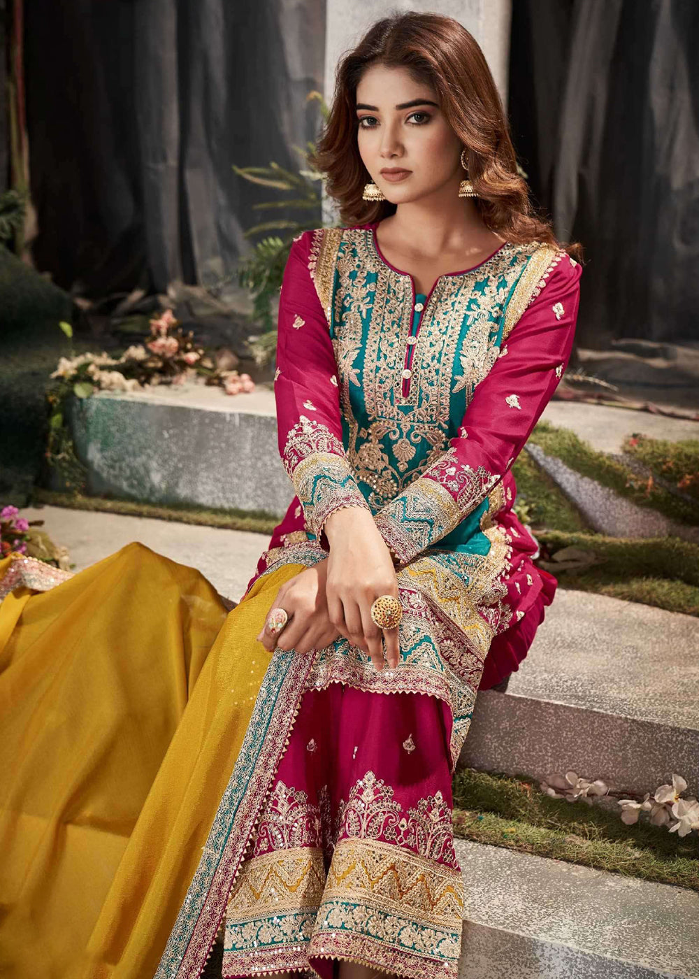 Buy Now Teal Multicolor Mirror Embroidered Punjabi Style Palazzo Suit Online in USA, UK, Canada, Germany, Australia & Worldwide at Empress Clothing. 