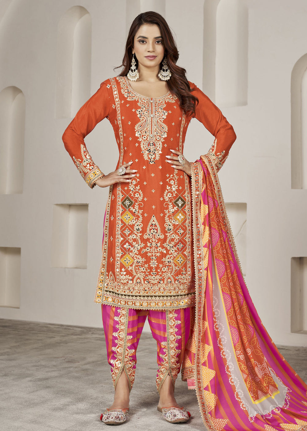 Buy Now Designer Orange Punjabi Style Dhoti Style Salwar Suit Online in USA, UK, Canada, Germany, Australia & Worldwide at Empress Clothing. 