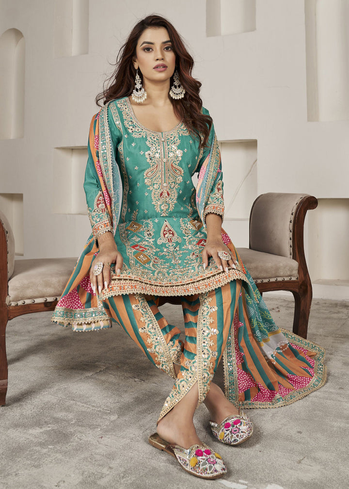 Buy Now Designer Sea Green Punjabi Style Dhoti Style Salwar Suit Online in USA, UK, Canada, Germany, Australia & Worldwide at Empress Clothing. 
