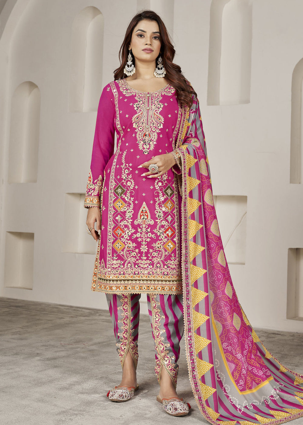 Buy Now Designer Rani Pink Punjabi Style Dhoti Style Salwar Suit Online in USA, UK, Canada, Germany, Australia & Worldwide at Empress Clothing.