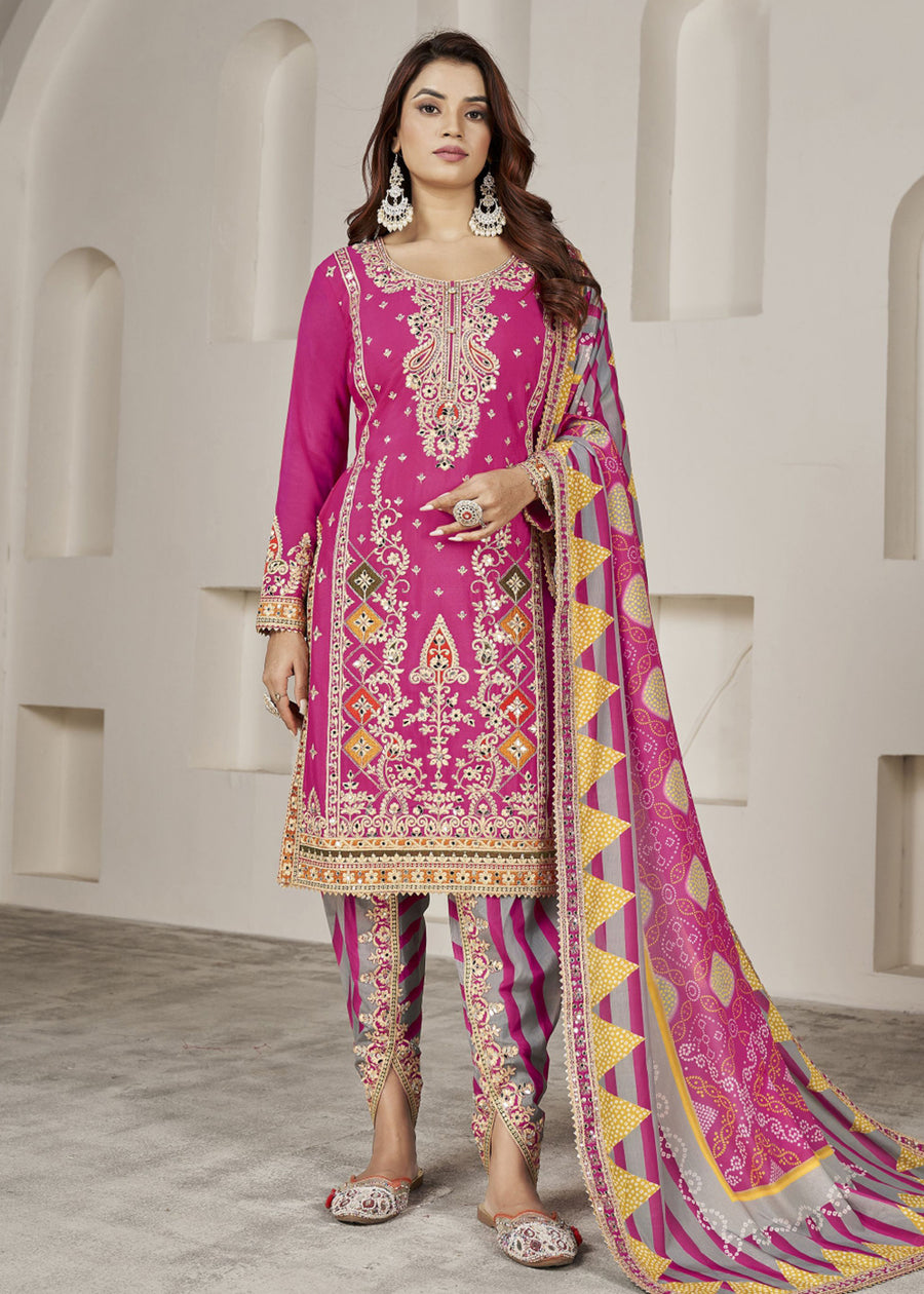 Designer Rani Pink Punjabi Style Dhoti Style Salwar Suit