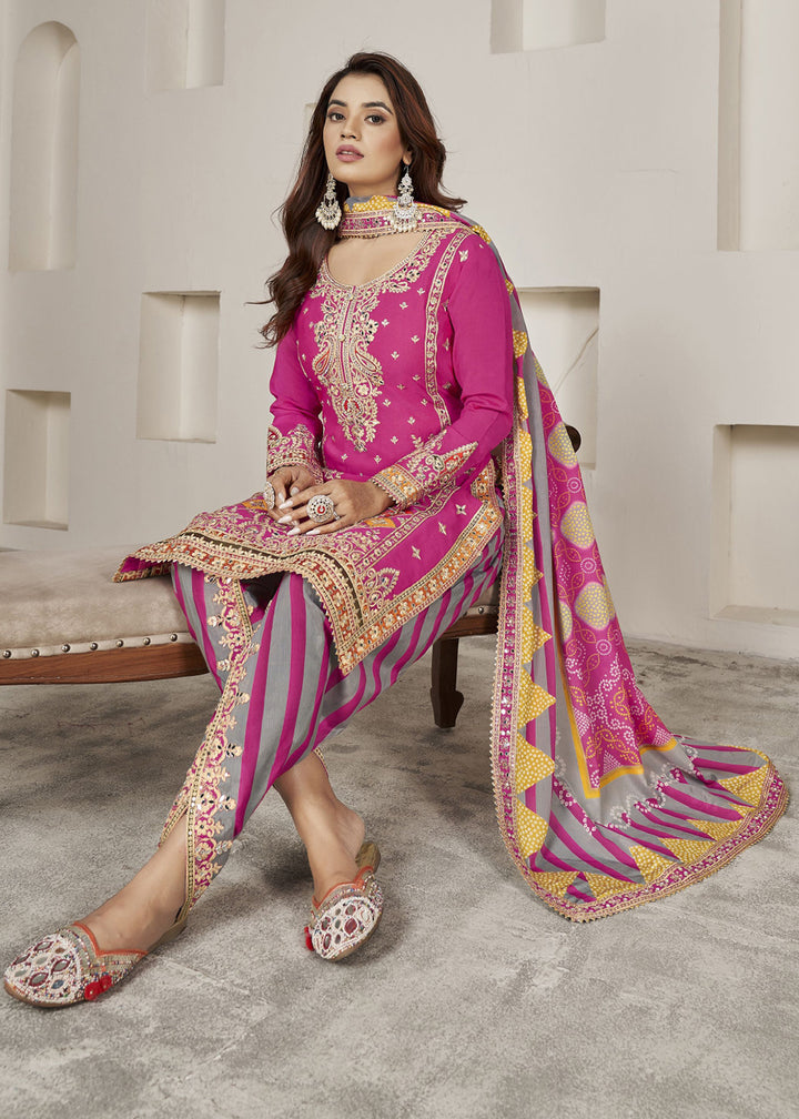 Buy Now Designer Rani Pink Punjabi Style Dhoti Style Salwar Suit Online in USA, UK, Canada, Germany, Australia & Worldwide at Empress Clothing.