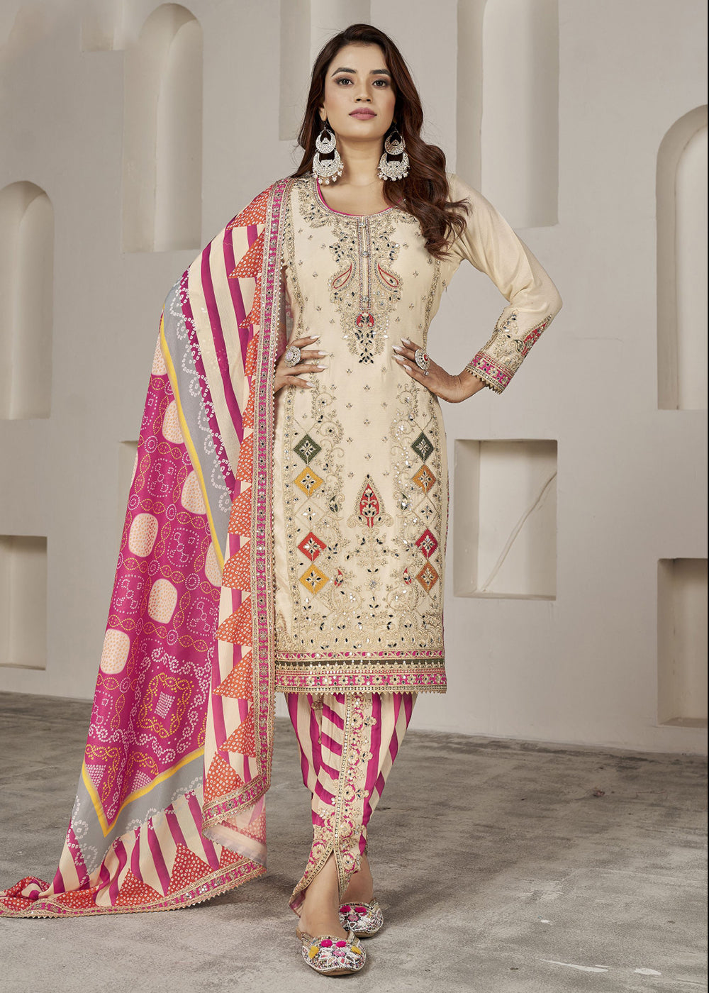 Buy Now Designer Ivory Beige Punjabi Style Dhoti Style Salwar Suit Online in USA, UK, Canada, Germany, Australia & Worldwide at Empress Clothing. 