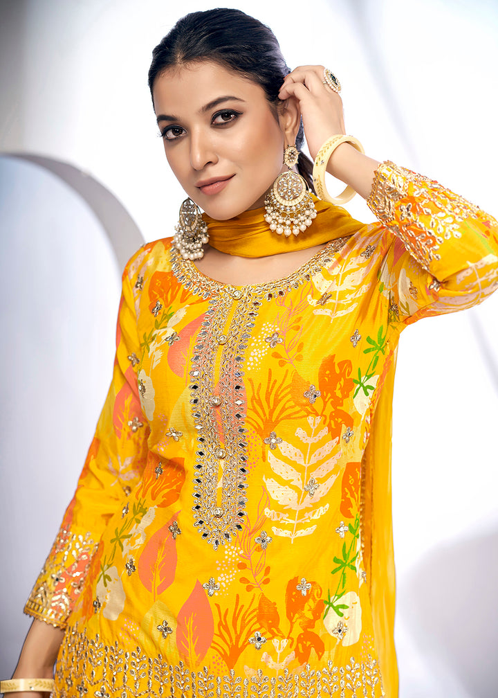 Shop Now Maize Yellow Embroidered & Printed Festive Gharara Suit Online at Empress Clothing in USA, UK, Canada, Italy & Worldwide.