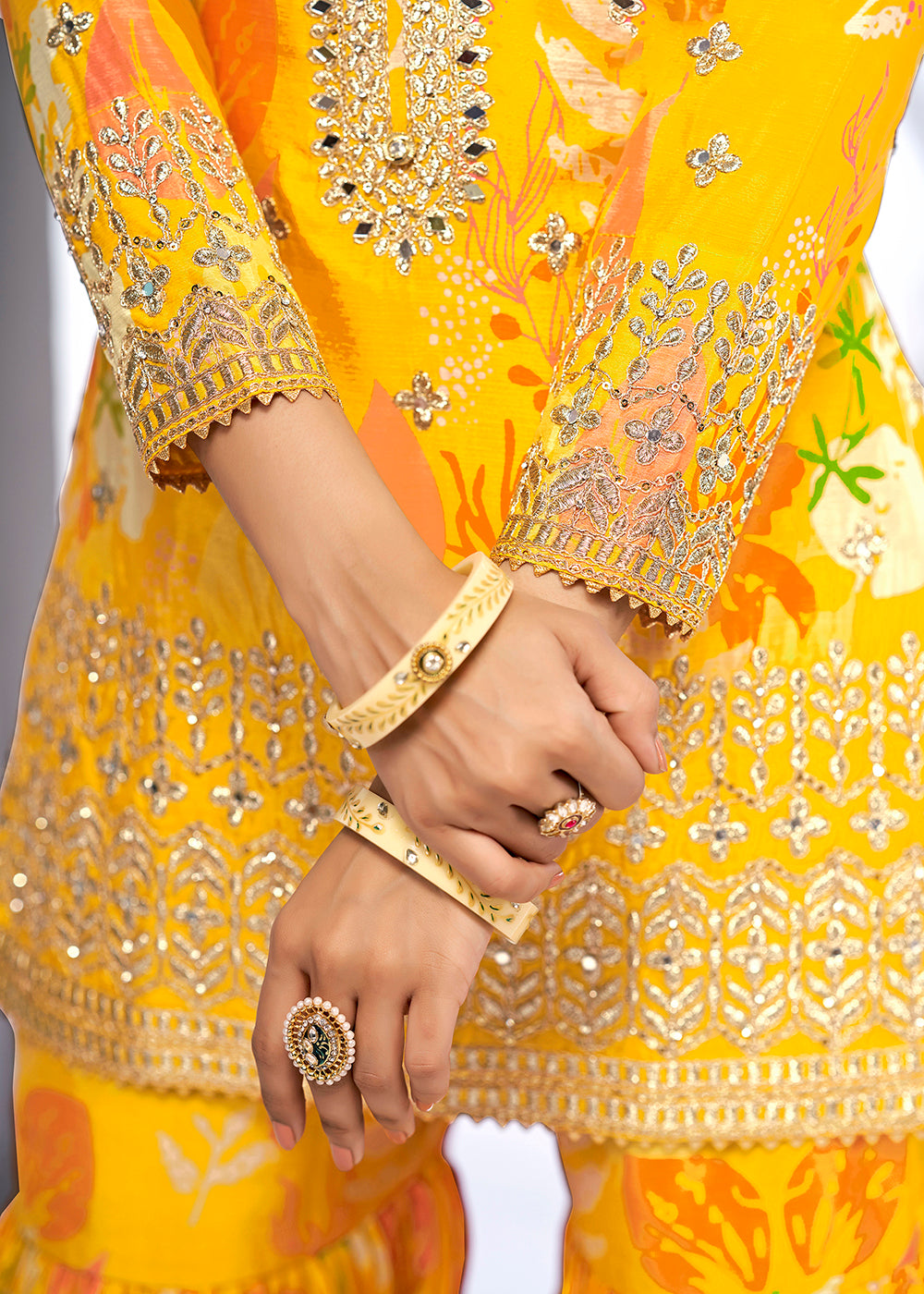 Shop Now Maize Yellow Embroidered & Printed Festive Gharara Suit Online at Empress Clothing in USA, UK, Canada, Italy & Worldwide.