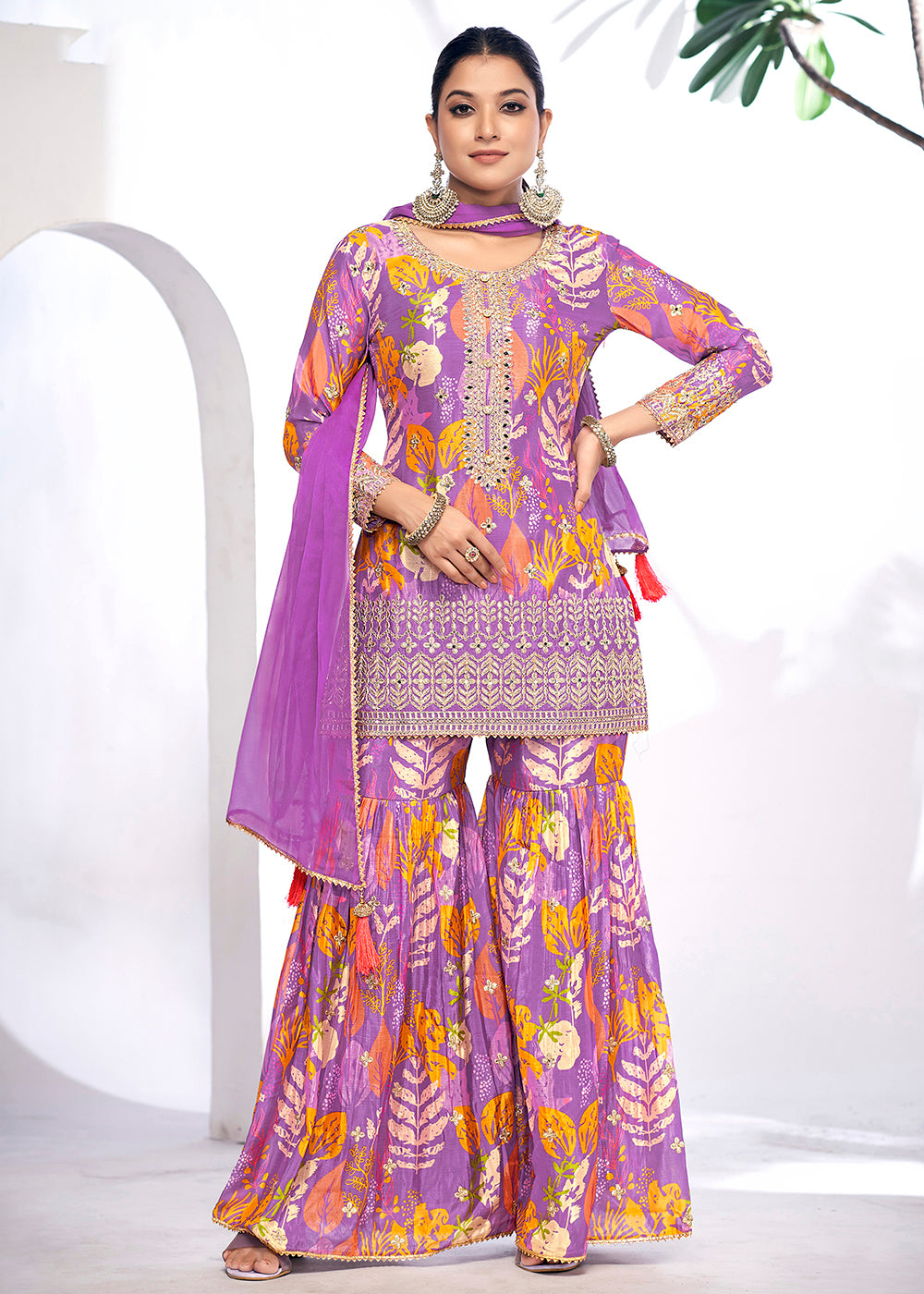 Shop Now Purple Embroidered & Printed Festive Gharara Suit Online at Empress Clothing in USA, UK, Canada, Italy & Worldwide. 