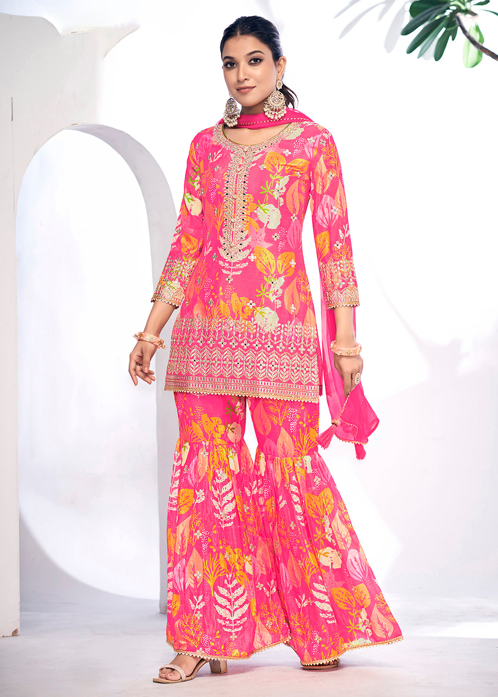 Shop Now Pink Embroidered & Printed Festive Gharara Suit Online at Empress Clothing in USA, UK, Canada, Italy & Worldwide.