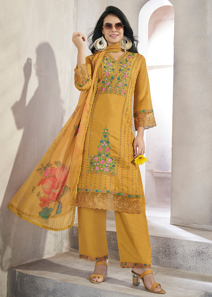 Buy Now Mustard Roman Silk Embroidered Festive Salwar Kurta Suit Online in USA, UK, Canada, Germany, Australia & Worldwide at Empress Clothing.