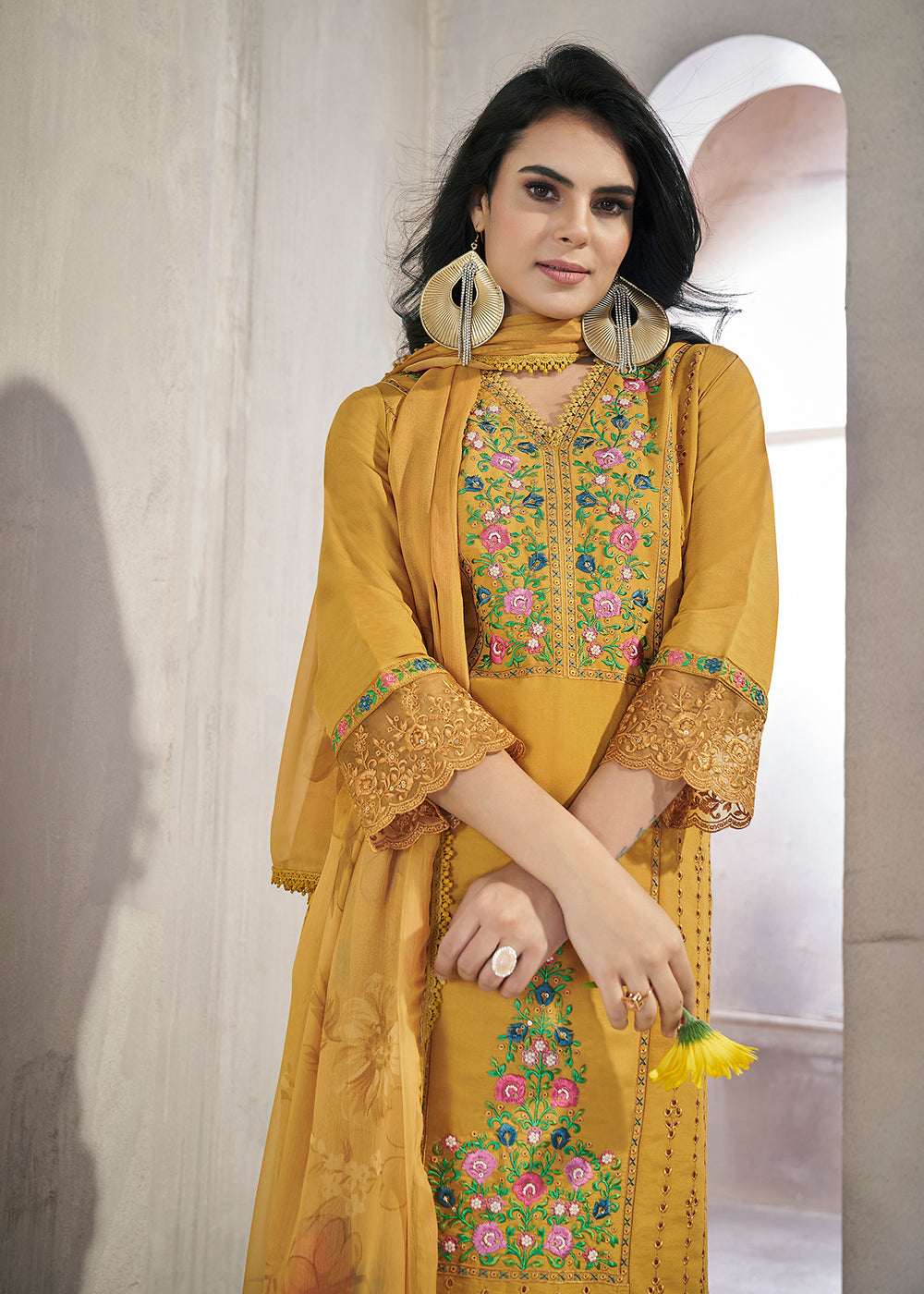 Buy Now Mustard Roman Silk Embroidered Festive Salwar Kurta Suit Online in USA, UK, Canada, Germany, Australia & Worldwide at Empress Clothing.