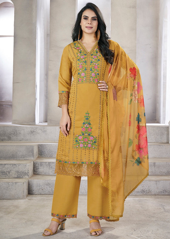 Buy Now Mustard Roman Silk Embroidered Festive Salwar Kurta Suit Online in USA, UK, Canada, Germany, Australia & Worldwide at Empress Clothing.