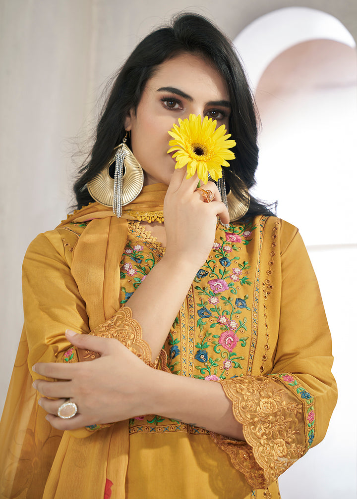 Buy Now Mustard Roman Silk Embroidered Festive Salwar Kurta Suit Online in USA, UK, Canada, Germany, Australia & Worldwide at Empress Clothing.