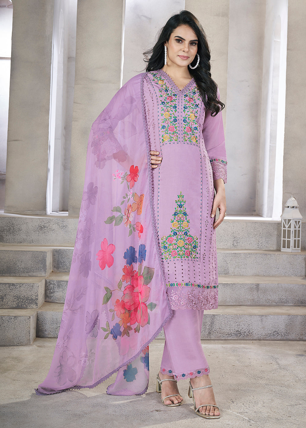 Buy Now Lilac Roman Silk Embroidered Festive Salwar Kurta Suit Online in USA, UK, Canada, Germany, Australia & Worldwide at Empress Clothing.