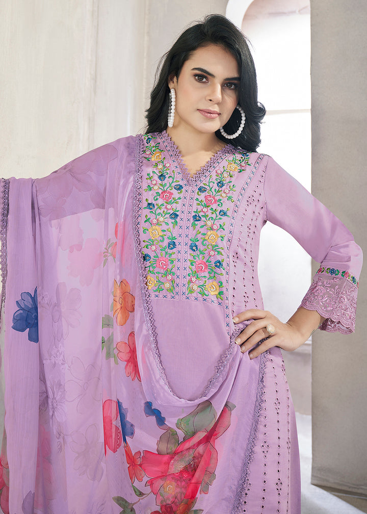 Buy Now Lilac Roman Silk Embroidered Festive Salwar Kurta Suit Online in USA, UK, Canada, Germany, Australia & Worldwide at Empress Clothing.