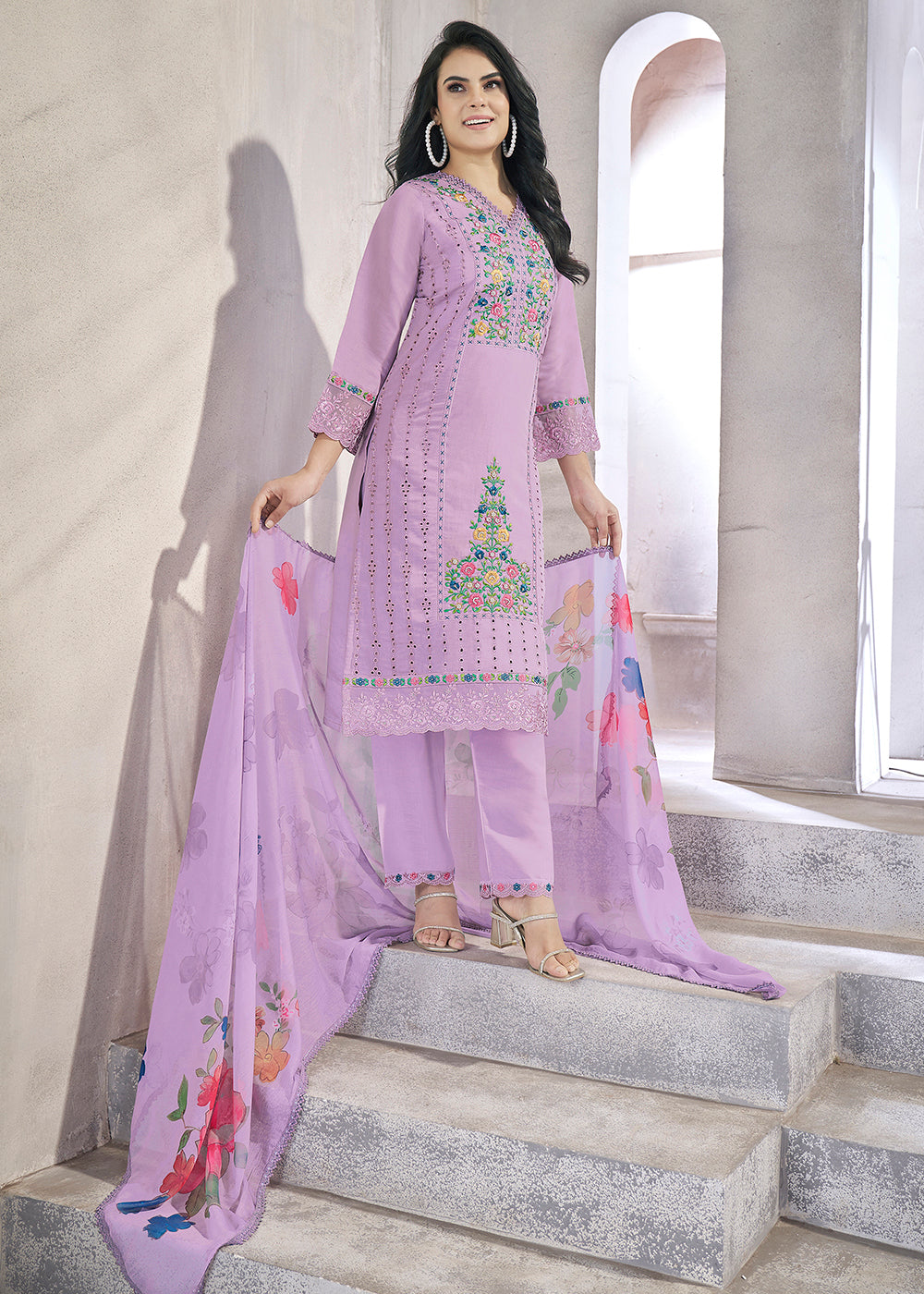 Buy Now Lilac Roman Silk Embroidered Festive Salwar Kurta Suit Online in USA, UK, Canada, Germany, Australia & Worldwide at Empress Clothing.