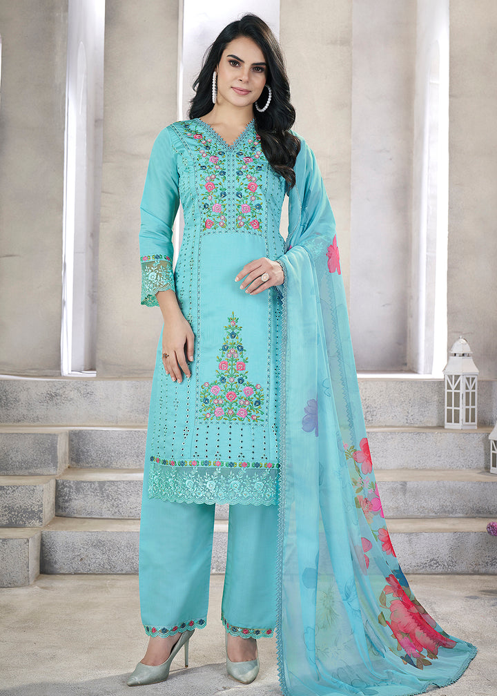 Buy Now Aqua Blue Roman Silk Embroidered Festive Salwar Kurta Suit Online in USA, UK, Canada, Germany, Australia & Worldwide at Empress Clothing.