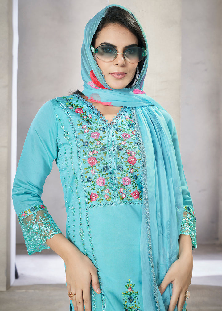 Buy Now Aqua Blue Roman Silk Embroidered Festive Salwar Kurta Suit Online in USA, UK, Canada, Germany, Australia & Worldwide at Empress Clothing.