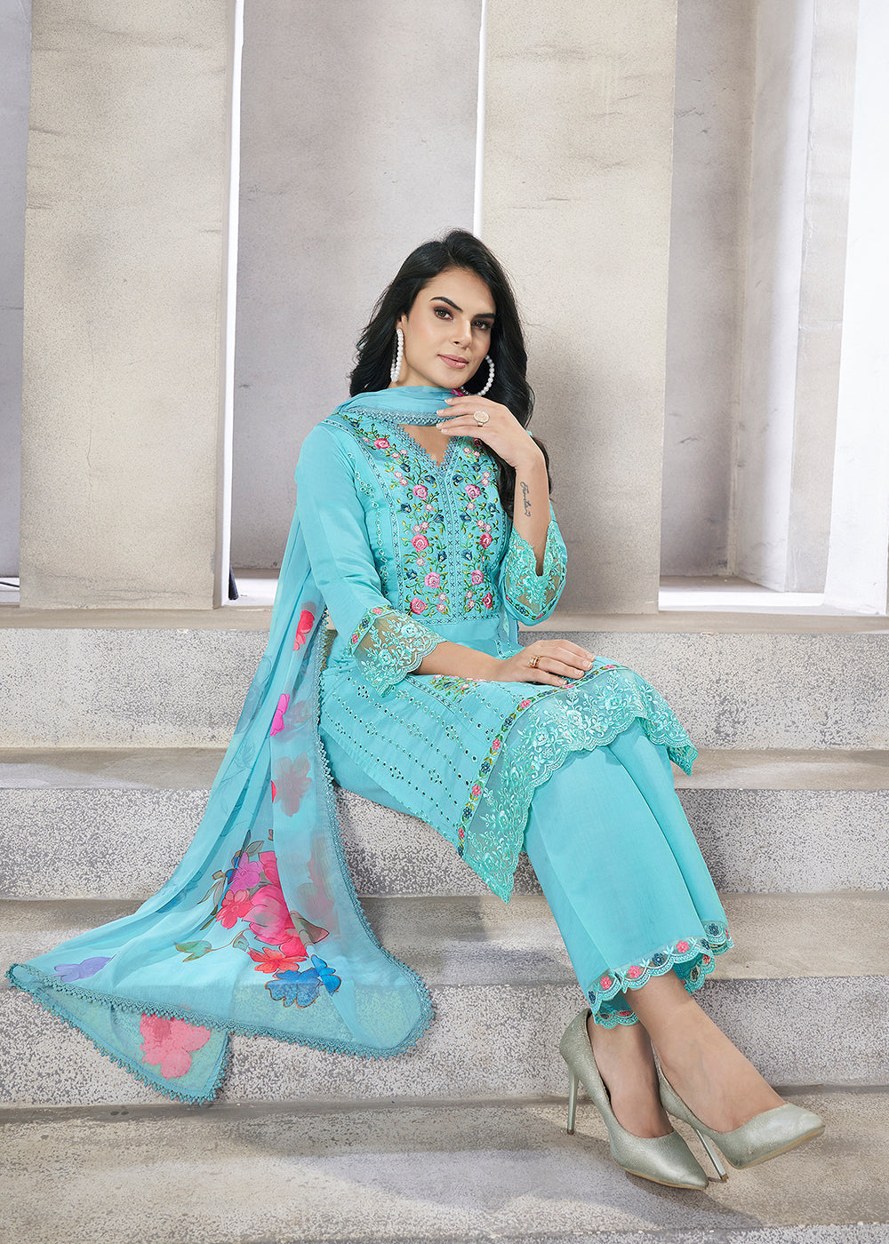 Buy Now Aqua Blue Roman Silk Embroidered Festive Salwar Kurta Suit Online in USA, UK, Canada, Germany, Australia & Worldwide at Empress Clothing.