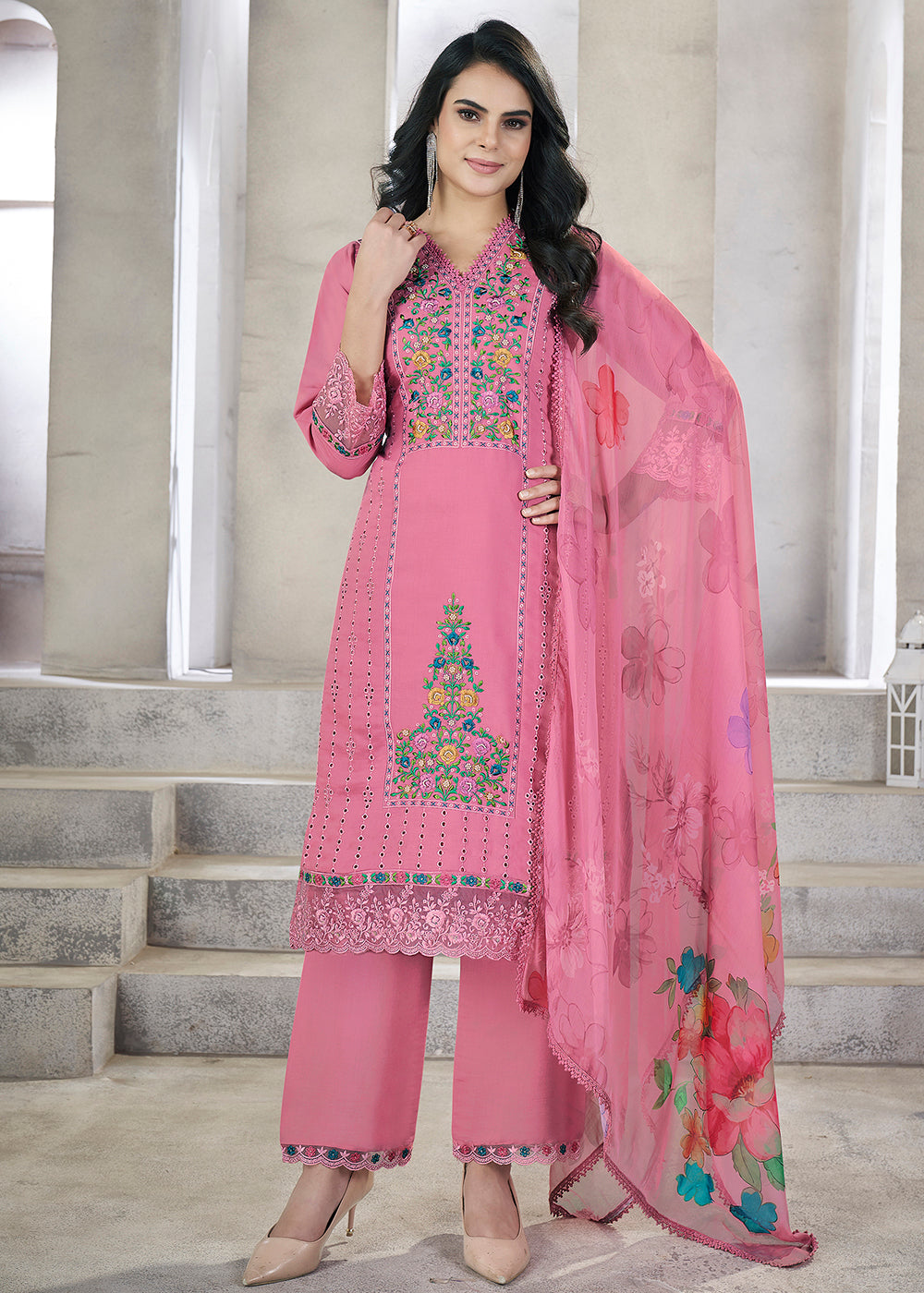 Buy Now Pink Roman Silk Embroidered Festive Salwar Kurta Suit Online in USA, UK, Canada, Germany, Australia & Worldwide at Empress Clothing.