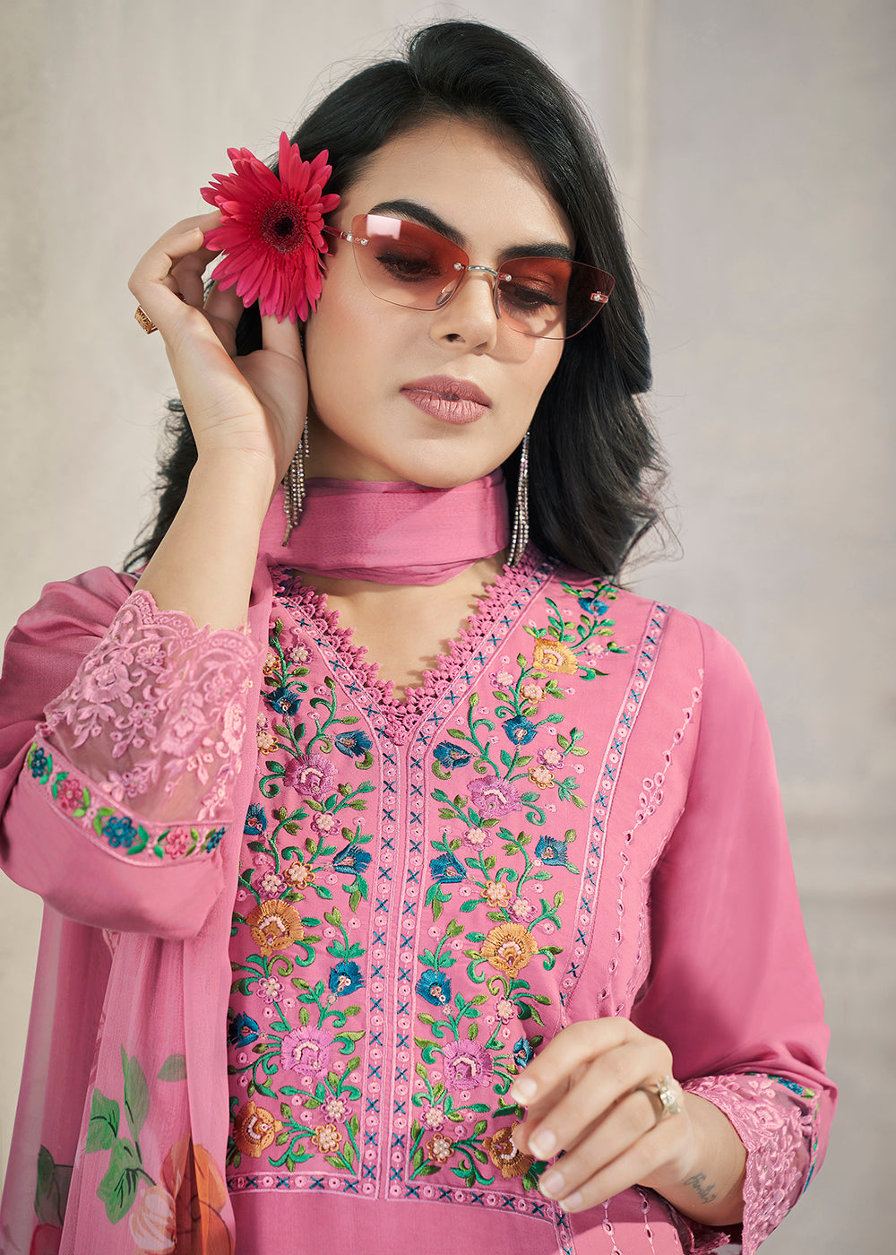 Buy Now Pink Roman Silk Embroidered Festive Salwar Kurta Suit Online in USA, UK, Canada, Germany, Australia & Worldwide at Empress Clothing.