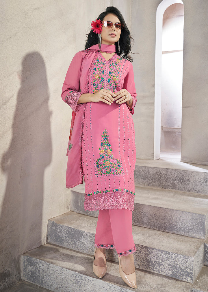 Buy Now Pink Roman Silk Embroidered Festive Salwar Kurta Suit Online in USA, UK, Canada, Germany, Australia & Worldwide at Empress Clothing.