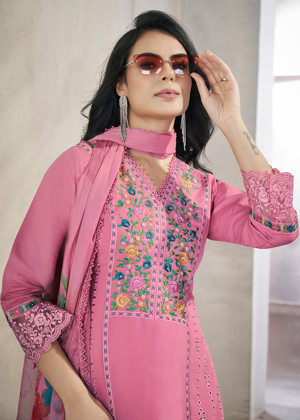 Buy Now Pink Roman Silk Embroidered Festive Salwar Kurta Suit Online in USA, UK, Canada, Germany, Australia & Worldwide at Empress Clothing.