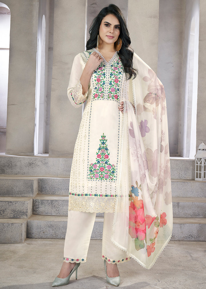 Buy Now White Roman Silk Embroidered Festive Salwar Kurta Suit Online in USA, UK, Canada, Germany, Australia & Worldwide at Empress Clothing.