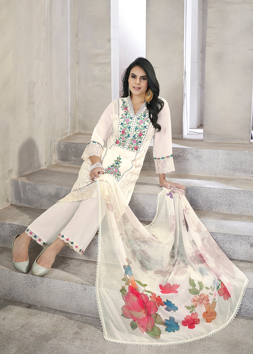 Buy Now White Roman Silk Embroidered Festive Salwar Kurta Suit Online in USA, UK, Canada, Germany, Australia & Worldwide at Empress Clothing.