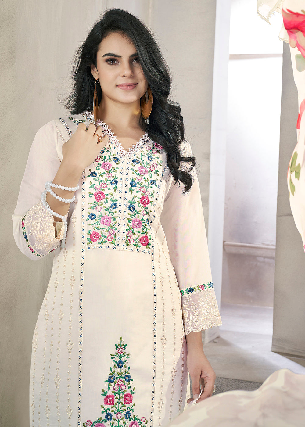 Buy Now White Roman Silk Embroidered Festive Salwar Kurta Suit Online in USA, UK, Canada, Germany, Australia & Worldwide at Empress Clothing.