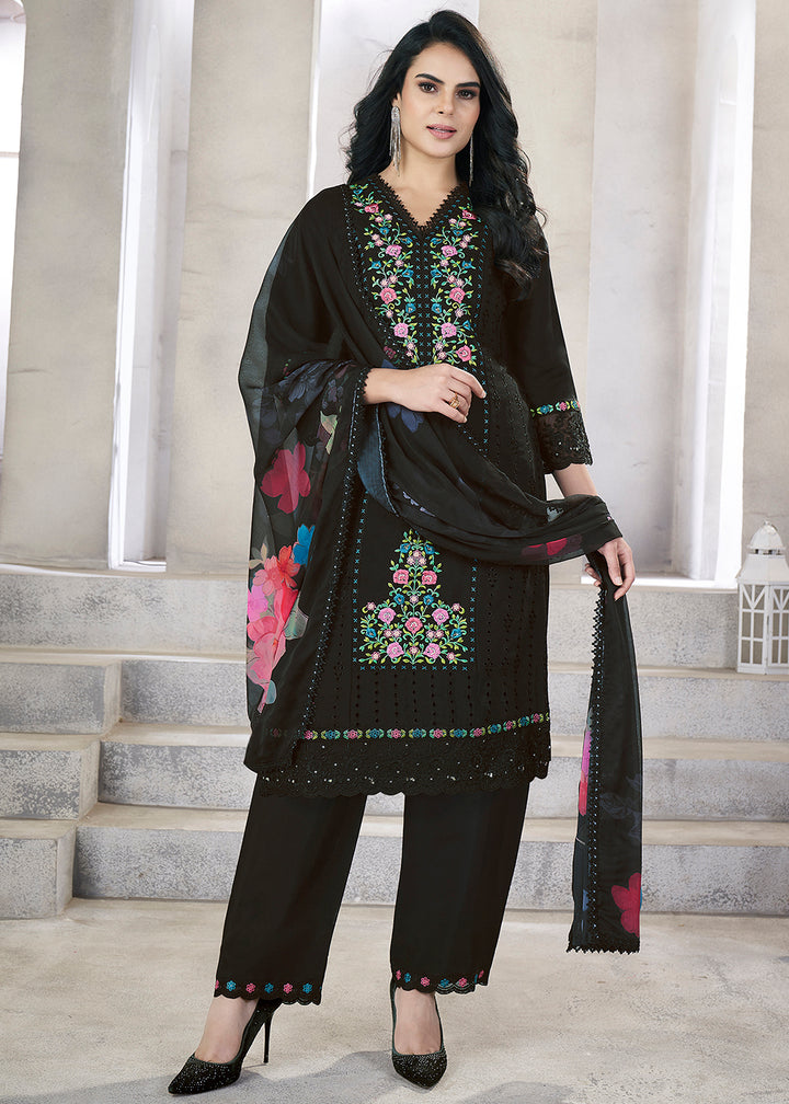 Buy Now Black Roman Silk Embroidered Festive Salwar Kurta Suit Online in USA, UK, Canada, Germany, Australia & Worldwide at Empress Clothing. 