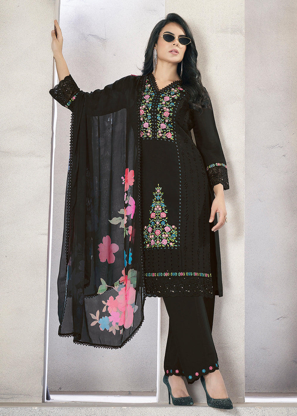 Buy Now Black Roman Silk Embroidered Festive Salwar Kurta Suit Online in USA, UK, Canada, Germany, Australia & Worldwide at Empress Clothing. 