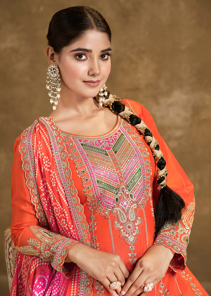 Buy Now Orange Chinnon Beige Punjabi Style Dhoti Style Salwar Suit Online in USA, UK, Canada, Germany, Australia & Worldwide at Empress Clothing.