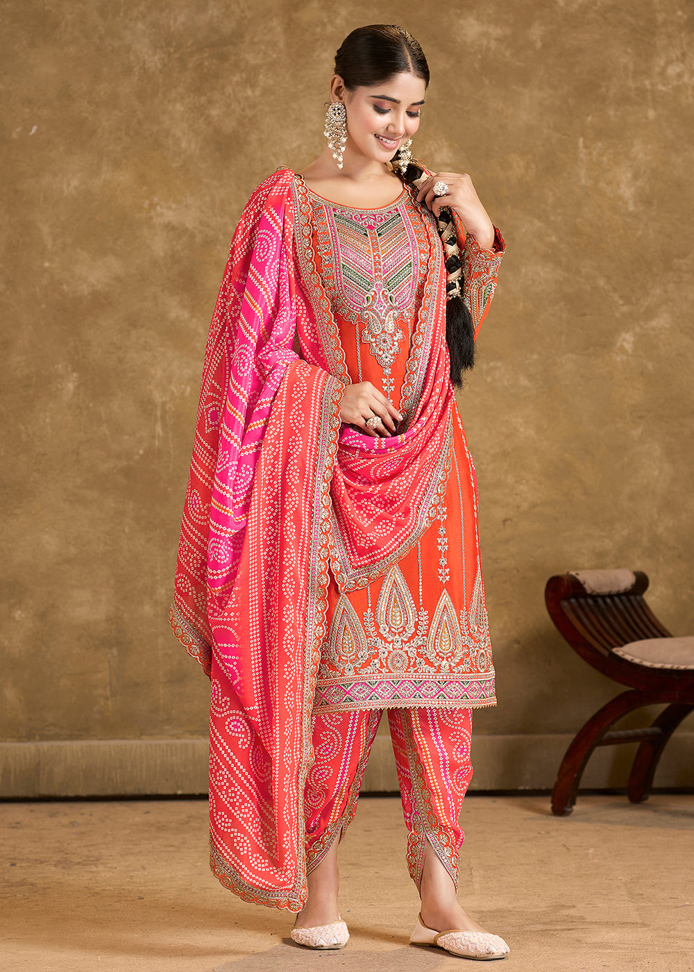 Buy Now Orange Chinnon Beige Punjabi Style Dhoti Style Salwar Suit Online in USA, UK, Canada, Germany, Australia & Worldwide at Empress Clothing.