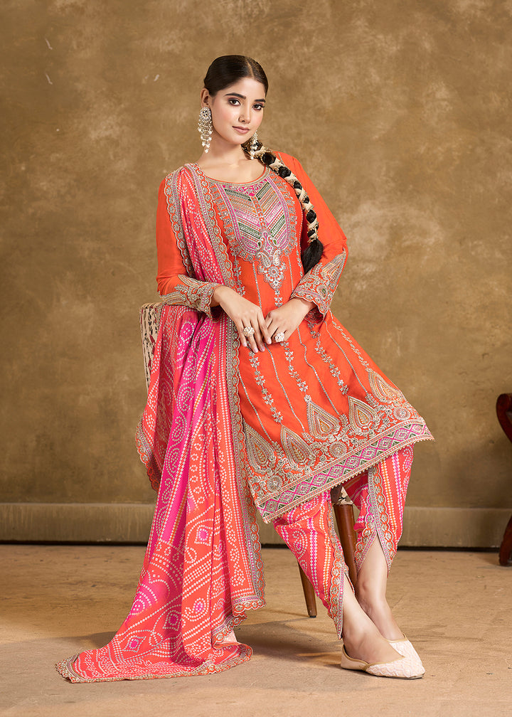 Buy Now Orange Chinnon Beige Punjabi Style Dhoti Style Salwar Suit Online in USA, UK, Canada, Germany, Australia & Worldwide at Empress Clothing.