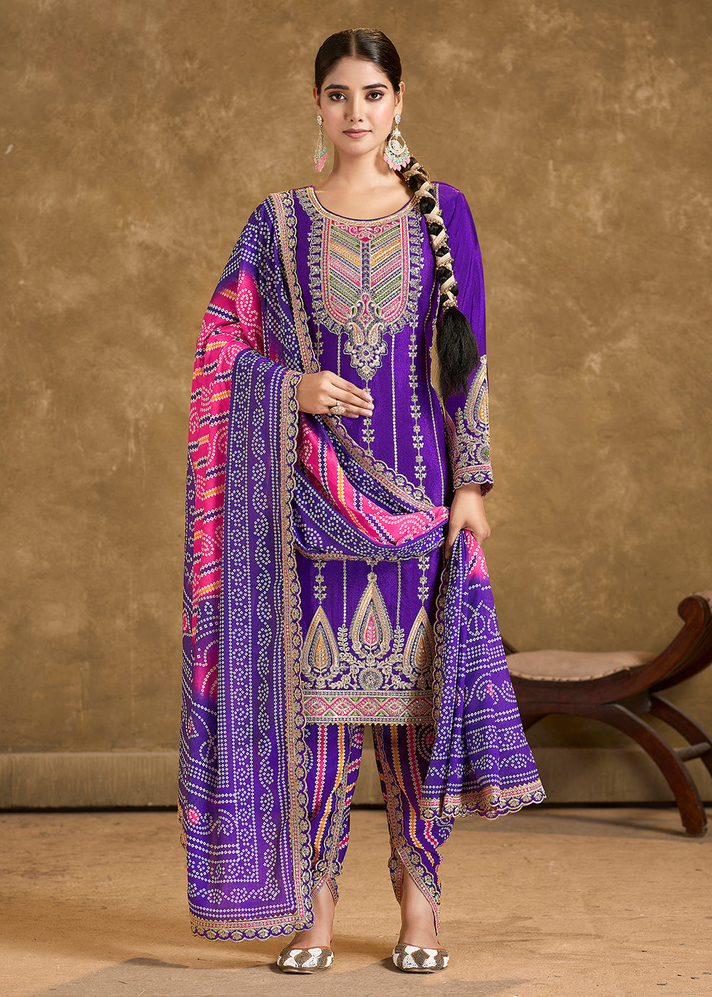 Buy Now Purple Chinnon Beige Punjabi Style Dhoti Style Salwar Suit Online in USA, UK, Canada, Germany, France & Worldwide at Empress Clothing. 