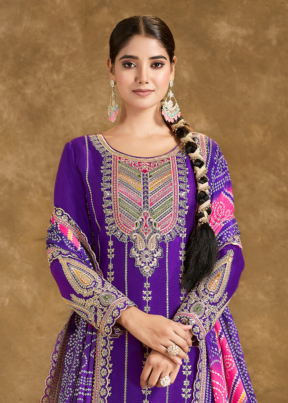 Buy Now Purple Chinnon Beige Punjabi Style Dhoti Style Salwar Suit Online in USA, UK, Canada, Germany, France & Worldwide at Empress Clothing. 